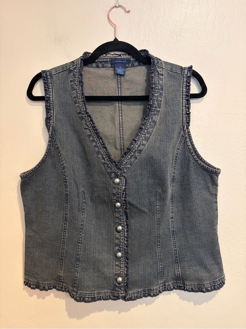 Westbound Grey Washed Denim Button Up Vest, w/ Frilly Trim, Deep V-neck, M